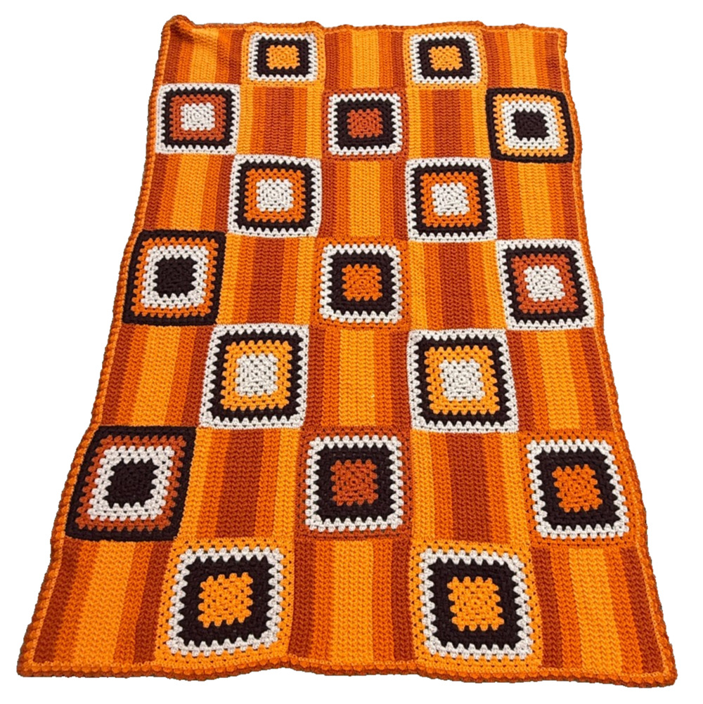 Crocheted Granny Square and Stripes Woolen Blanket Afghan Orange Handmade 78x54"